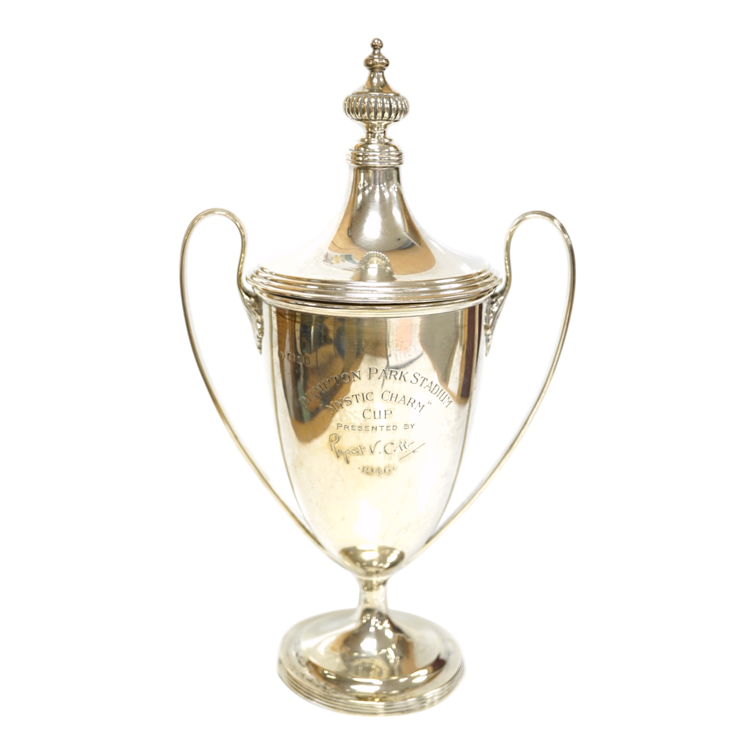 A George V silver two handled presentation trophy cup and cover, 'Dumpton Park Stadium Cup', Edward Barnard & Sons Ltd, London, 1920, 27.8cm, 15.1oz. Condition - poor to fair